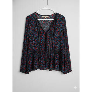 LOFT Floral Long Sleeve Peplum Peasant Blouse Size Medium Velvet Accents EUC